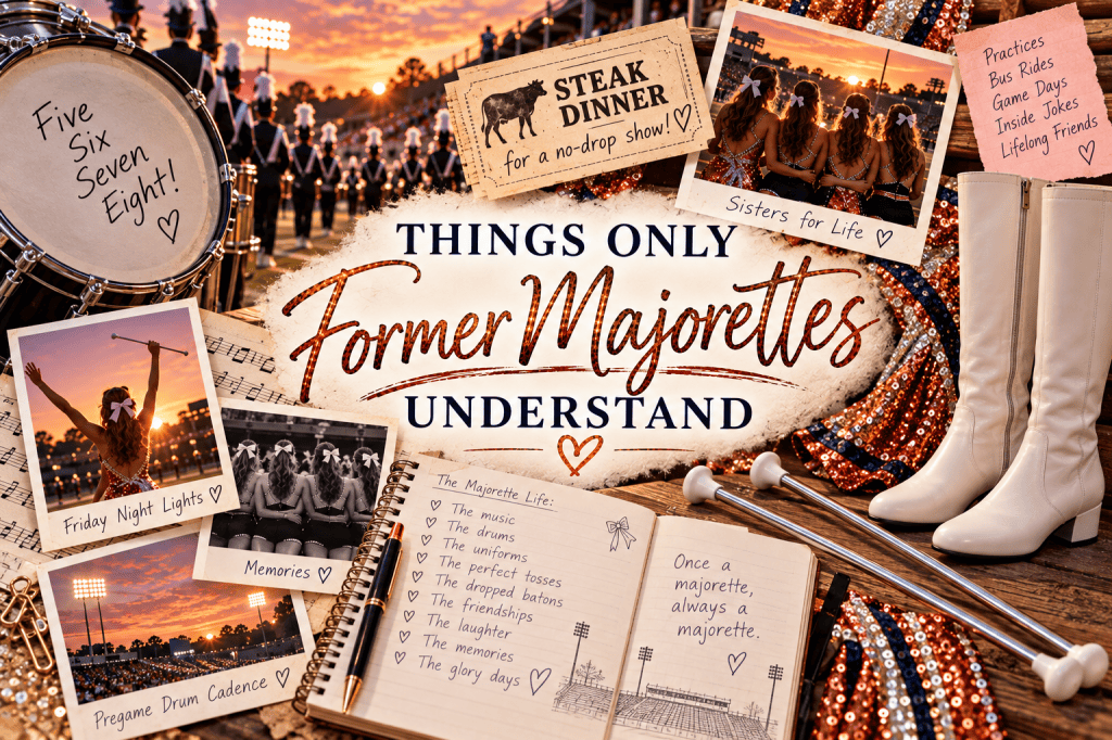 Nostalgic scrapbook collage celebrating former majorettes, featuring marching drums, white majorette boots, batons, a steak dinner ticket, handwritten memories, friendship photos, and football stadium lights.