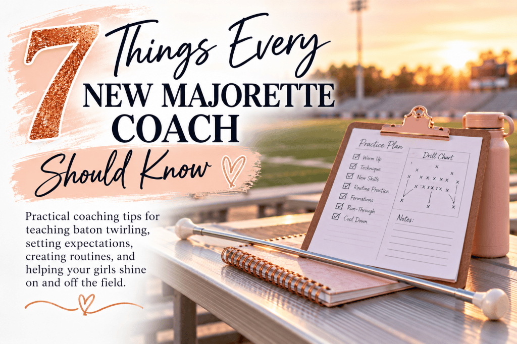 Featured graphic for “7 Things Every New Majorette Coach Should Know,” featuring a baton, coaching checklist, and drill chart on football stadium bleachers at sunset.