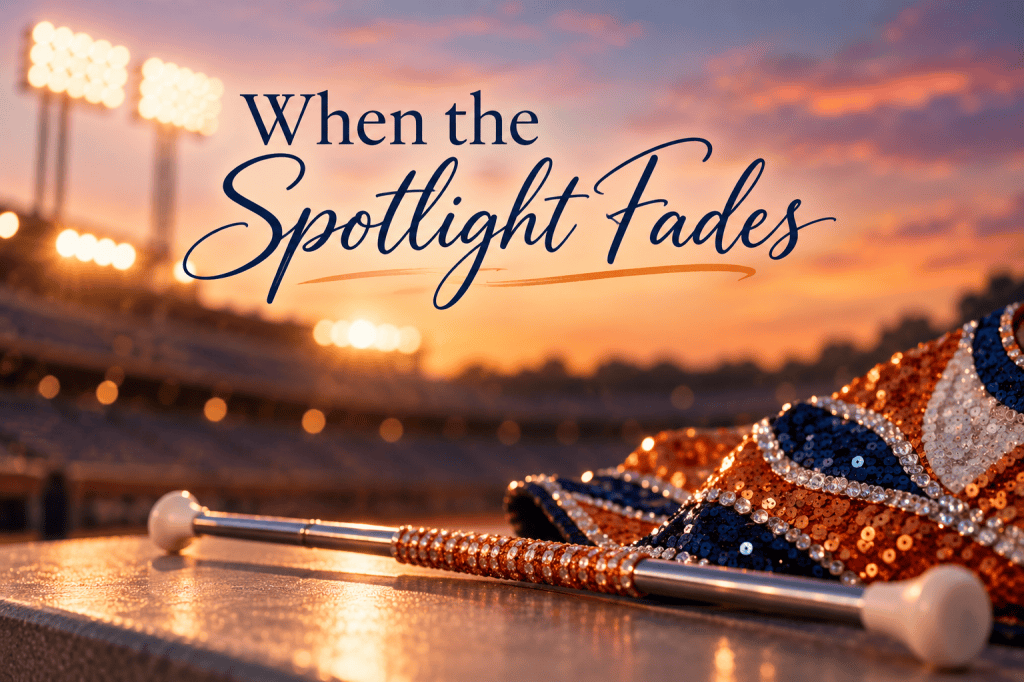 Sequined majorette uniform and baton beneath fading stadium lights at sunset with the words “When the Spotlight Fades.”