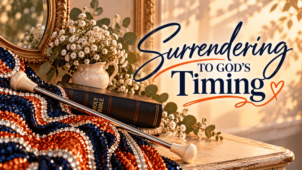 Featured image for “Surrendering to God's Timing,” featuring a silver majorette baton resting on a navy and orange sequined uniform beside a Bible and white flowers.