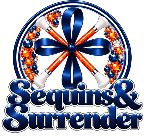 Sequins & Surrender logo featuring crossed orange batons, navy ribbon cross, and rhinestones